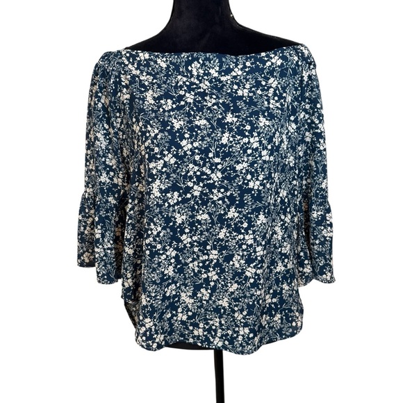Verse | Blue Floral Stassi 3/4 Sleeve Off-the-Shoulder Blouse | Sz S - Picture 1 of 8
